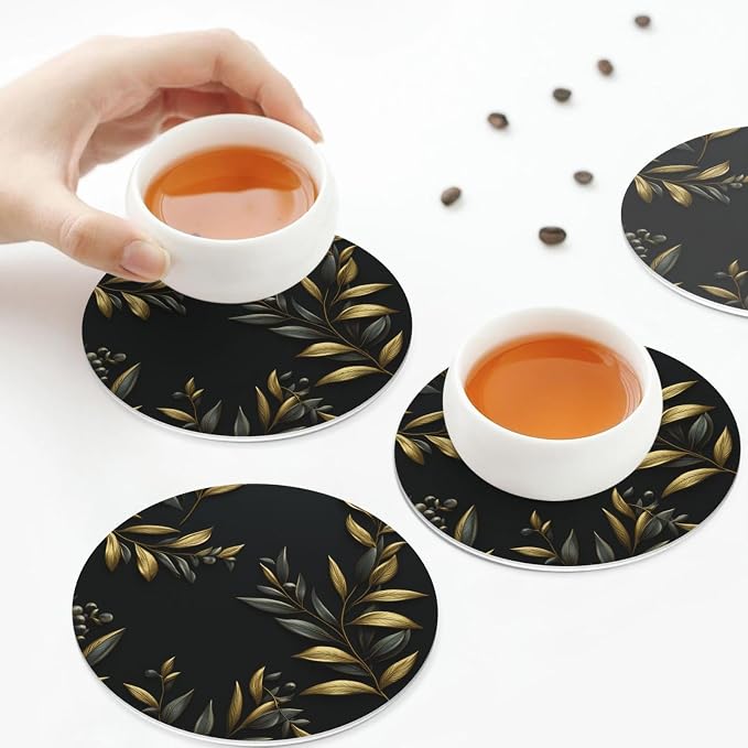 4Pcs Leather Coaster for Drinks Golden Olive Branch Cup Coasters Aesthetic - Image 6