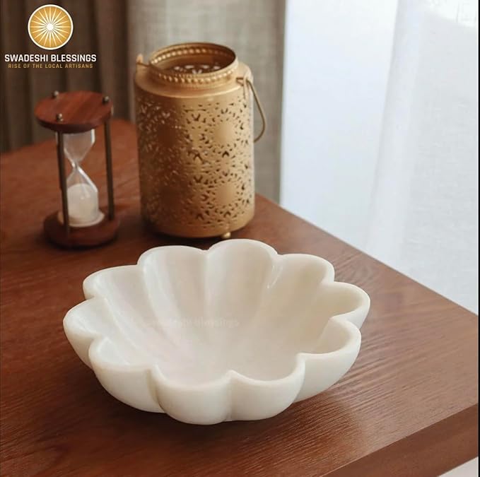 SWADESHI BLESSINGS HandCrafted Marble Decorative Bowl | White Ruffle Scalloped Fluted Key/Fruit Ring Dish | Organic Modern Home Decor (9 Inches)