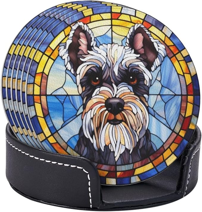 Drink Coaster Set of 6, Schnauzer Dog Mom Lover Gift,Leather Drink Coasters with Holder,6 Pack Cup/Bar/Drink Coasters for Table/Drinks/Coffee Protection Housewarming Gift