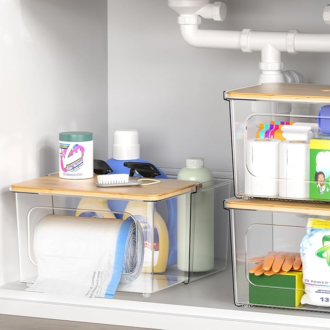 Trash Bag Dispenser Holder, 2-in-1 Under Sink Organizer with Clear Acrylic Box & Bamboo Lid, Holds Large Rolls up to 100 Count, Garbage Bags Storage Container for Kitchen, Pantry, Laundry Room