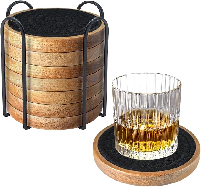 Wood Coasters for Drinks, Absorbent Coaster Sets of 8, Woven Drink Coasters for Coffee Table, Housewarming Gift for Farmhouse Home Decor,4.3 inches Black