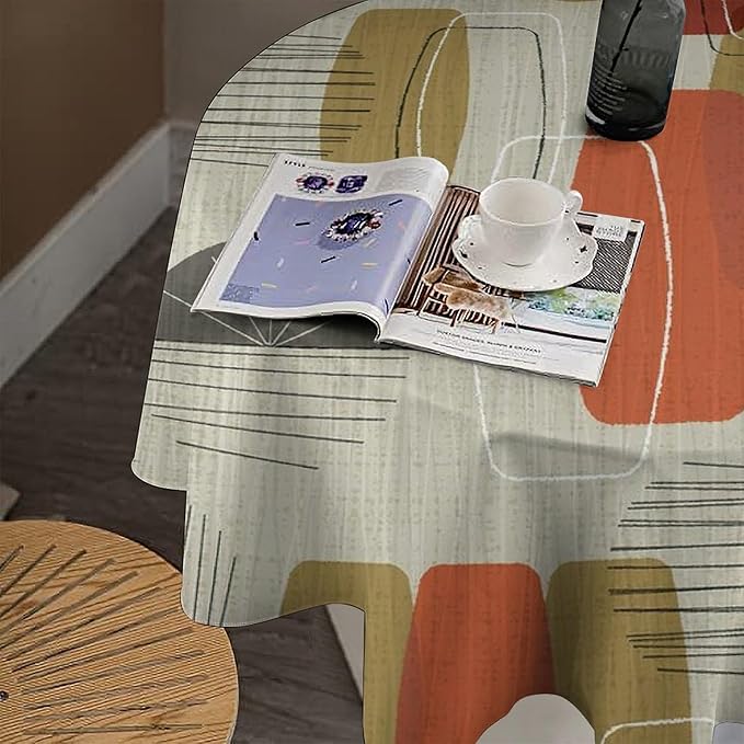 Retro Medieval Bohemian Round Tablecloth, Modern Mid Century Geometric Abstract Print Tablecloth for Home Party Dining Room Kitchen Decor 60Inch(152cm)