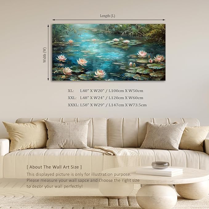 ADJUVANT Wall Art Impressionist Water Lily Pond 60" L x 30" W, Lotus Flower Canvas Painting Nature Artwork Green Water and Pink Blooms Prints Wall Decor for Living Room Bedroom Study Home Office