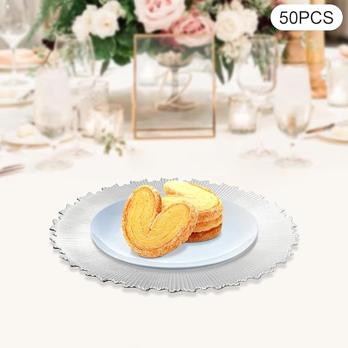 50 Pcs Antique Charger Plates Bulk, 13in Reusable Serving Plates Embossed Rim Plastic Party Dinner Plate Chargers Round Decorative Server Plate for Wedding Party Event Tableware