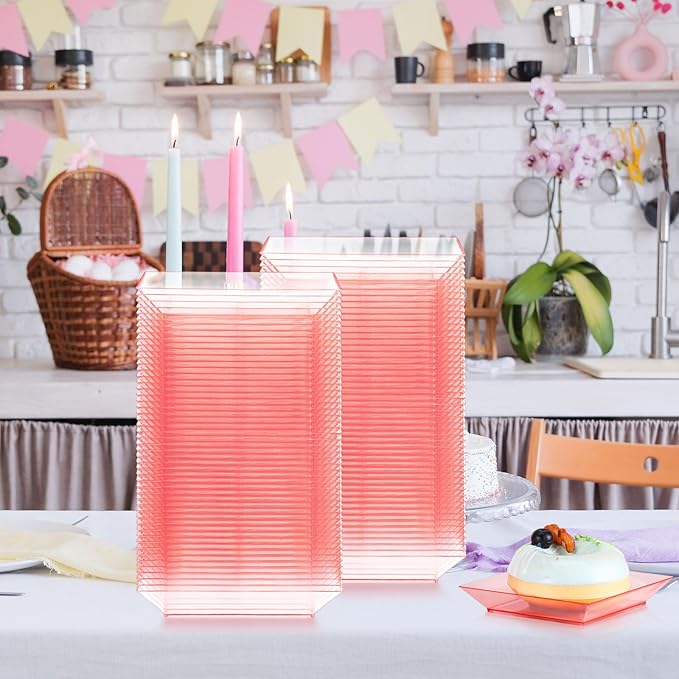 Zhehao 100 Pcs Plastic Dessert Appetizer Plates Disposable, 3.6 x 3.6 Inch Small Square Plastic Dessert Cake Plate for Party, Valentine's Day Wedding Birthday Bridal Baby Shower Supplies (Red Clear)