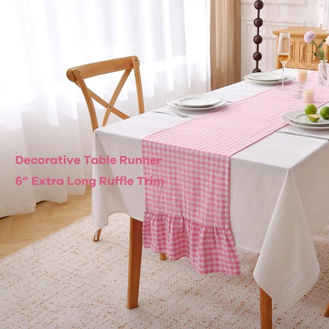 Pink White Plaid Gingham Ruffle Table Runner 108 inches Long 100% Washed Cotton - Image 3