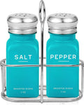 Teal Salt and Pepper Shakers Set with Holder by Brighter Barns - Turquoise Kitchen Decor, Modern Kitchen Essentials, Dining Table Decor - Salt Shaker with Caddy for Dining Room, Restaurants (Teal)
