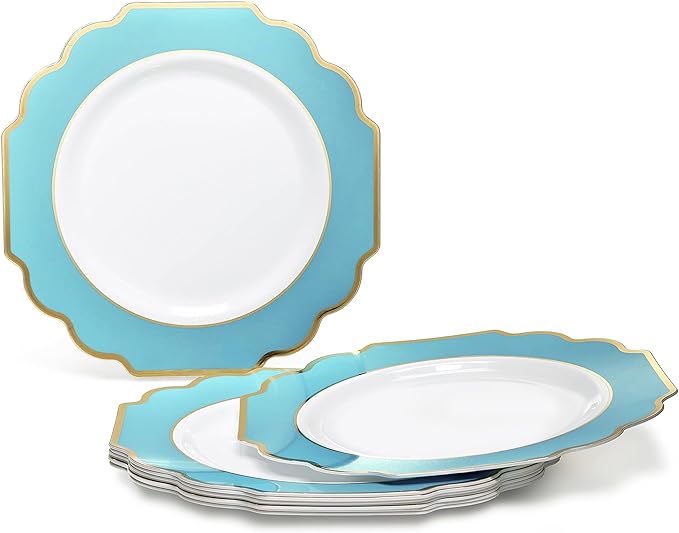 " OCCASIONS " 240 Plates Pack (120 Guests) Heavyweight Wedding Party Disposable Plastic Plates Set -120 x 10.5'' Dinner + 120 x 8'' Salad/Dessert Plate (Imperial Aqua/Gold)