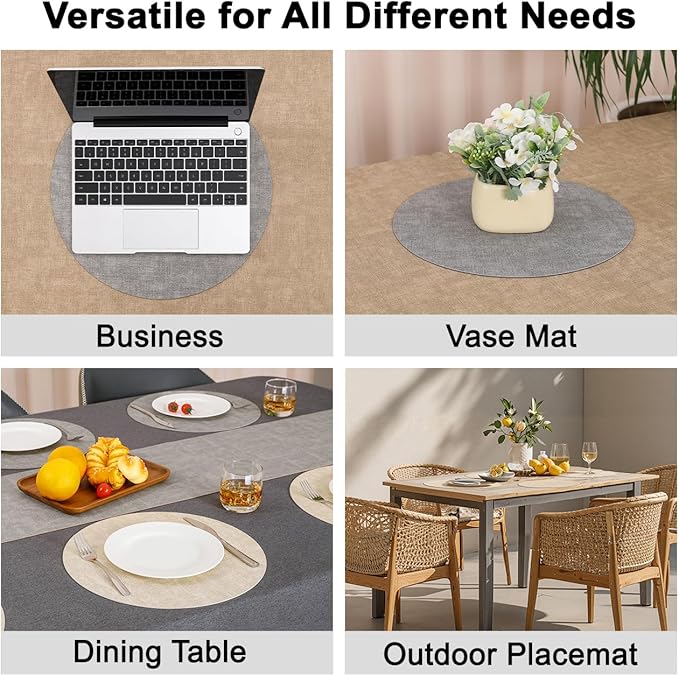 Myir JUN Reversible Vinyl Round Placemats Set of 8, Faux Leather Place Mats Dual Sided Waterproof Wipeable, Heat-Resistant Table Mats for Kitchen Dining Indoor Outdoor (14", Light Gray Cream-White)