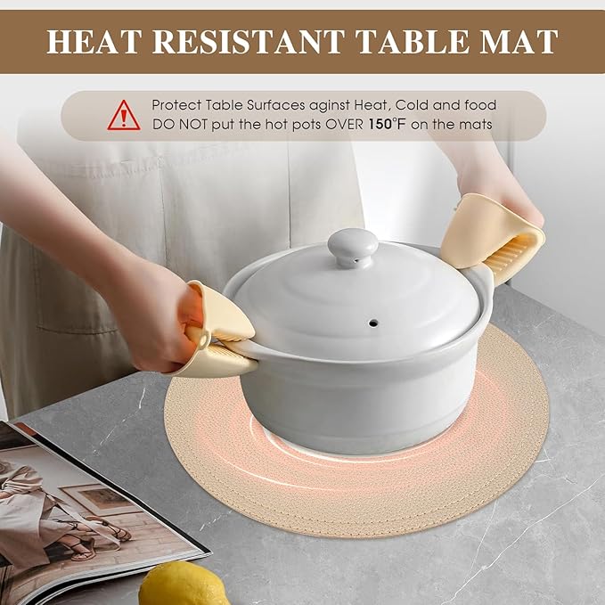 Set of 8 Faux Leather Gold Round Placemats and Coasters, Coffee Mats Kitchen Table Mats, Waterproof, Easy to Clean for Kitchen Dining Round Table