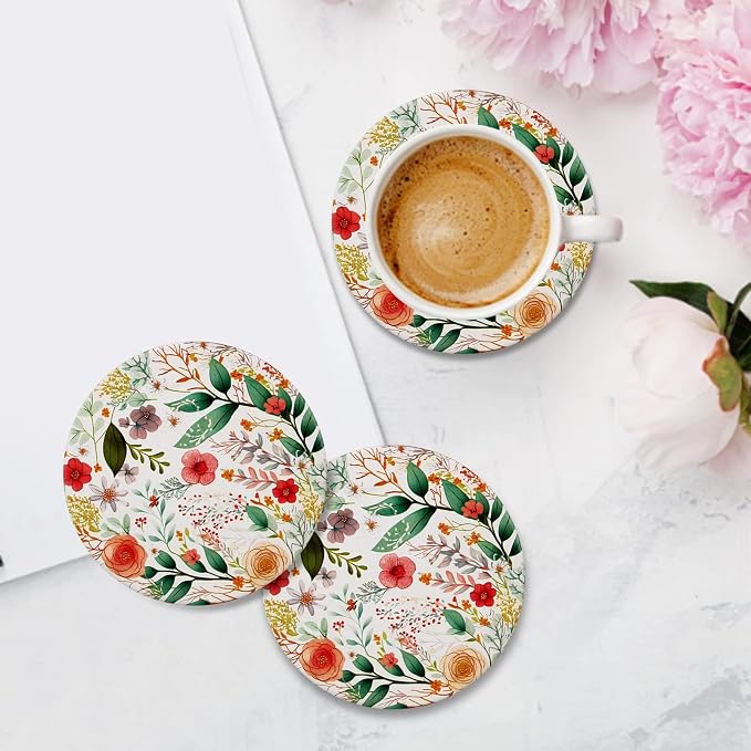 Cute Flower Absorbent Drink Cup Coasters Set of 6 Floral Coffee Table Decor | - Image 4