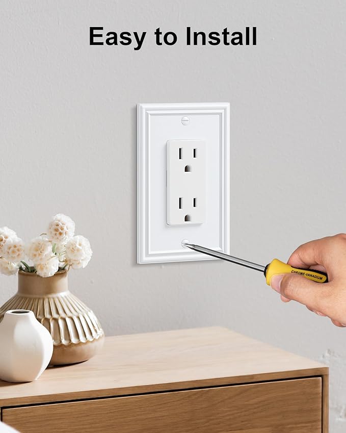 6-Pack Decorator Outlet Cover Plate, White Decorative Switch Plates and Outlet Covers, Durable Zinc Alloy Wall Plates for Electrical Outlets, Receptacle, GFCI Outlet, Dimmer Switch