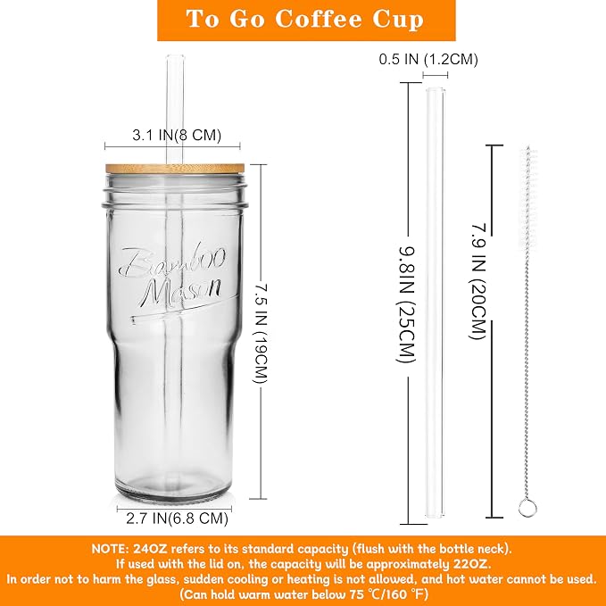 ANOTION Glass Cups with Lids and Straws 2 Packs, 24oz Travel Coffee Mug Wide - Image 2