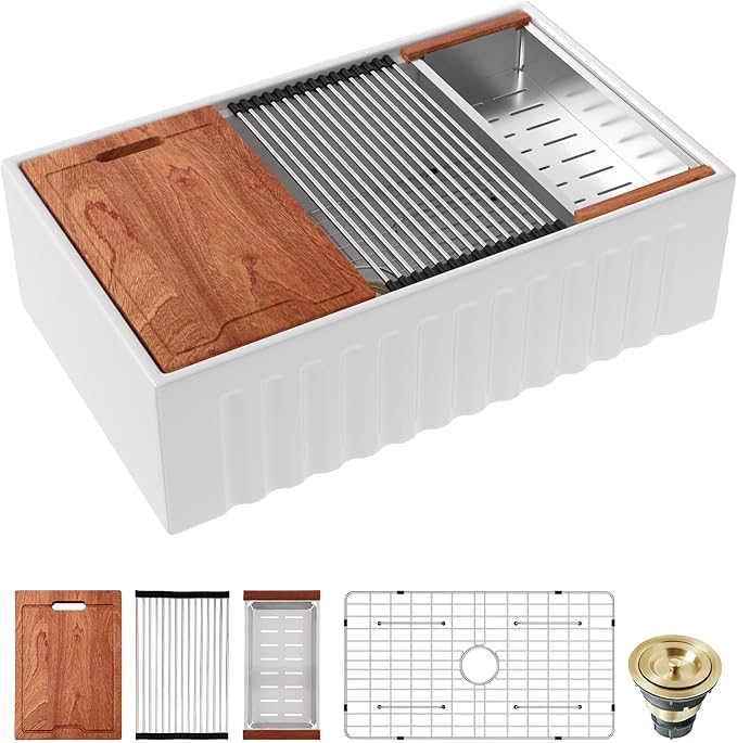 Sarlai 33 Inch Farmhouse Sink White Kitchen Sink Apron Front 33 x 20 Ledge Workstation Farm Fireclay Porcelain Ceramic Undermount Farmer Farm Kitchen Sinks Basin With Gold Drainer