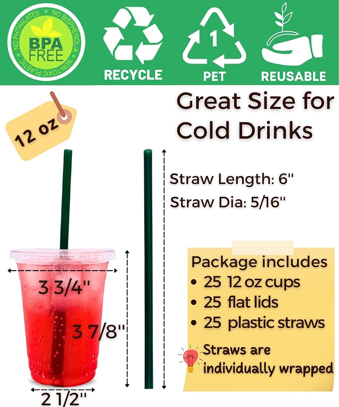 12 oz Clear Plastic Cups with Lids and Straws, Disposable Coffee Cups 25 Sets - Image 2