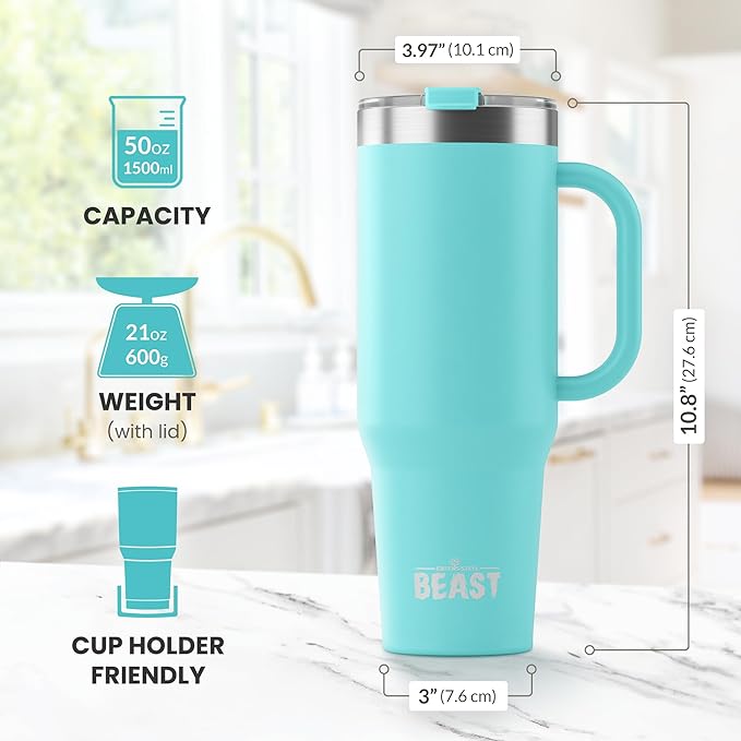 Beast 50 oz Tumbler with Handle Stainless Steel Vacuum Insulated Coffee Ice Cup Double Wall Travel Flask (Aqua Blue)