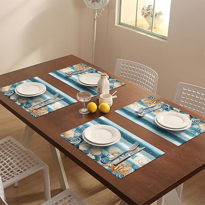 Ocean Seashell Placemats Set of 4, Beach Starfish Place Mats, Coastal Marine Life Waterproof Washable Table Mats for Home Party Indoor Kitchen Dining Table Decoration 12x18 Inch