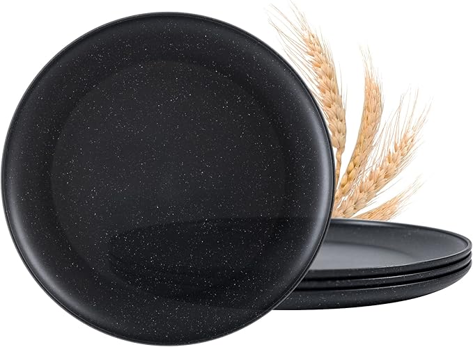 MISS BIG 10 inches Wheat Straw Plates,Plastic Plates Reusable Set of 4,Dinner Plates for Kids&Adults,Dishwasher & Microwave Safe,Eco-Friendly,BPA Free(Black)