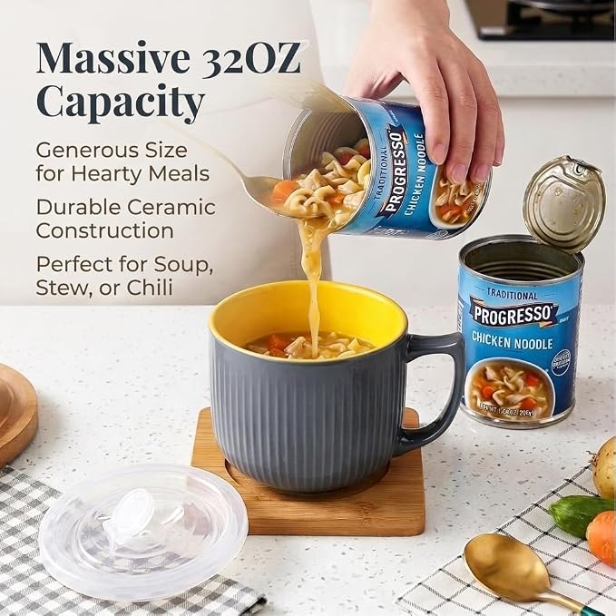 Ceramic Soup Bowl with Handle & Lid, 32oz Microwave Ramen Bowl Set of 2 | Gray - Image 2