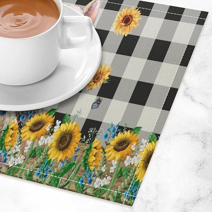 Rustic Pig Placemat Set, Vintage Farmhouse Cute Animal Sunflower Floral Black White Plaid Blue Bowknot Pattern Home Decor Table Mats for Dining Room Kitchen Party (17x12in) x6P