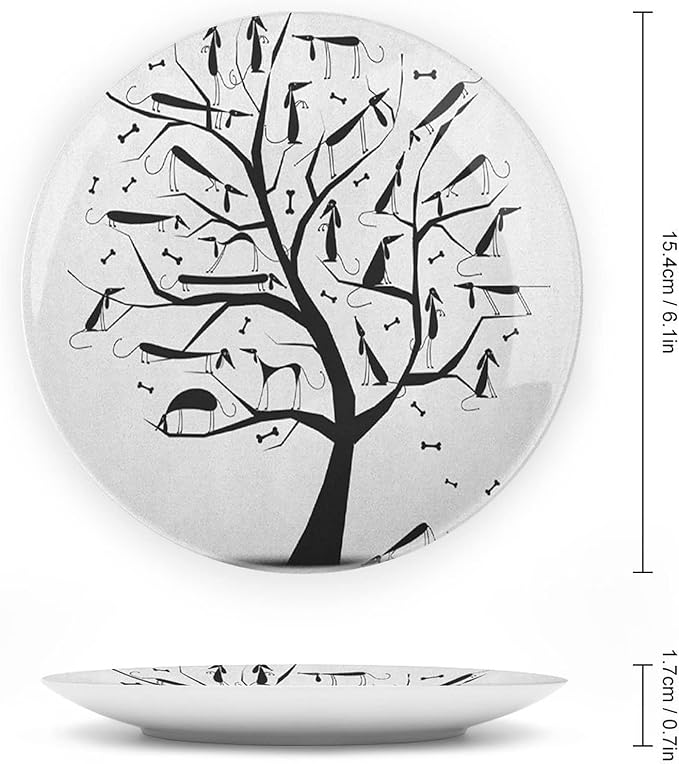 Decorative Plates, Abstract Print Ornament, Monochrome Autumn Season Tree with Dog on The Branches, 6 Inch, Kitchen Wall Decor, Black and White