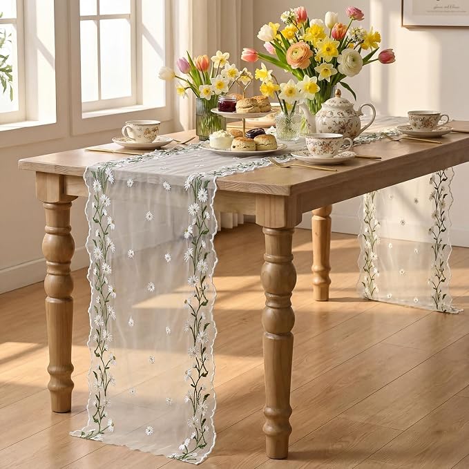 Artoid Mode Daisy Floral Milky White Shaped Gauze Embroidery Table Runner 120 - Image 4