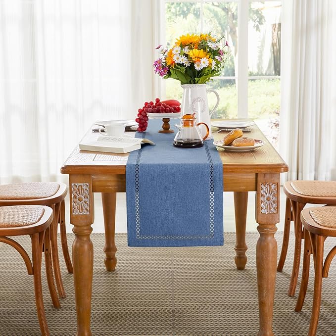 Rustic Burlap Table Runner, Machine Washable, Thick Textured Lattice Cutwork - Image 4
