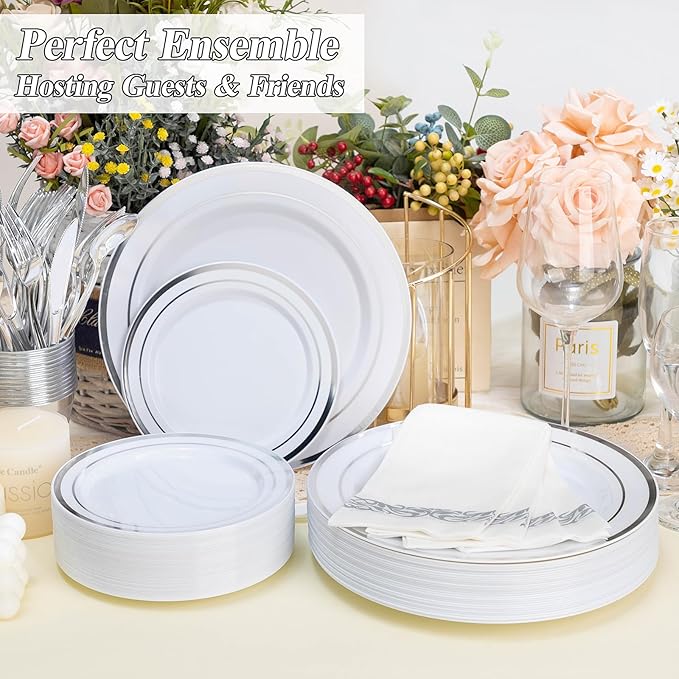 BESTSTAR 100PCS Silver Plastic Plates Set, 50 10.25 inch Dinner Plate and 50 7.5 inch Dessert Plates, Premium Disposable Plates for Party, Wedding