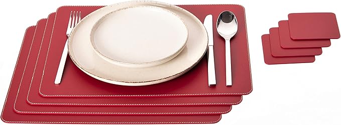 Nikalaz Set of Red Placemats and Coasters, 4 Table Mats and 4 Coasters, Recycled Leather, Place Mats 18'' x 13'' and Coasters 3.9'' x 3.9''