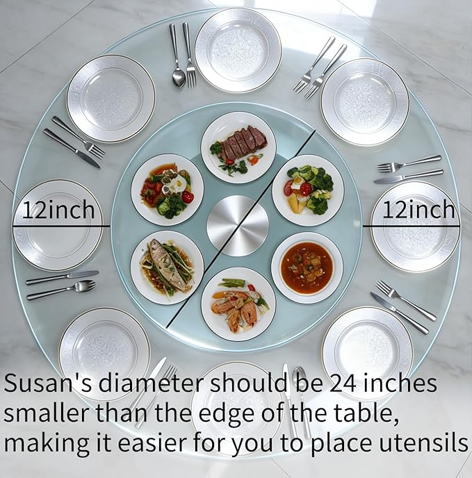 30" Glass Lazy Susan for Dining Table, Glass Turntable Table Centerpiece with 6 Rotating Wheels, 360° Smooth and Silent Spin Tabletop Rotating Tray, for Family Gatherings, Banquets, Weddings, 77 cm