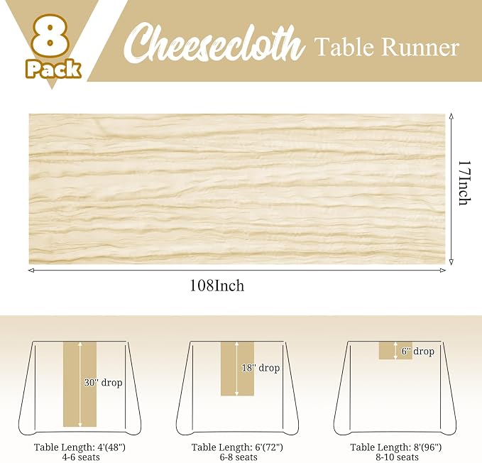 8 Pack Ivory Table Runner 17 x 108inch Cheesecloth Table Runner Boho Gauze - Image 3