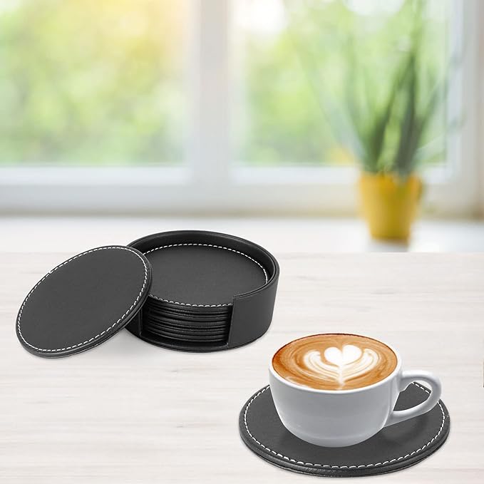 Leather Coasters for Drinks(6 Pack), Handmade Durable Drink Coasters Set with Holder for Tabletop Protection, Luxurious Home Décor and Housewarming Gift (Black)