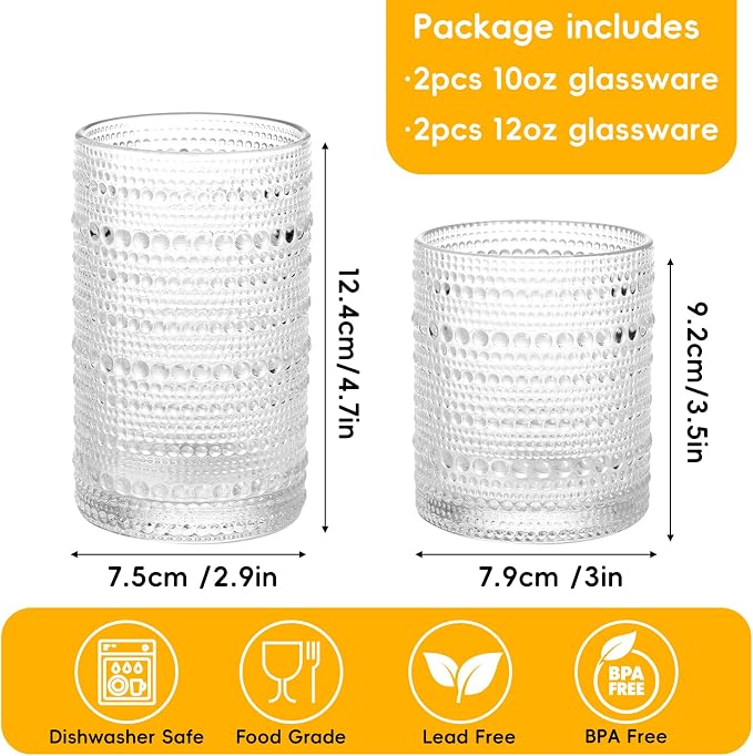 Moretoes 4 Pack Hobnail Drinking Glasses Set, Glass Cups | 12 Oz Highball - Image 3