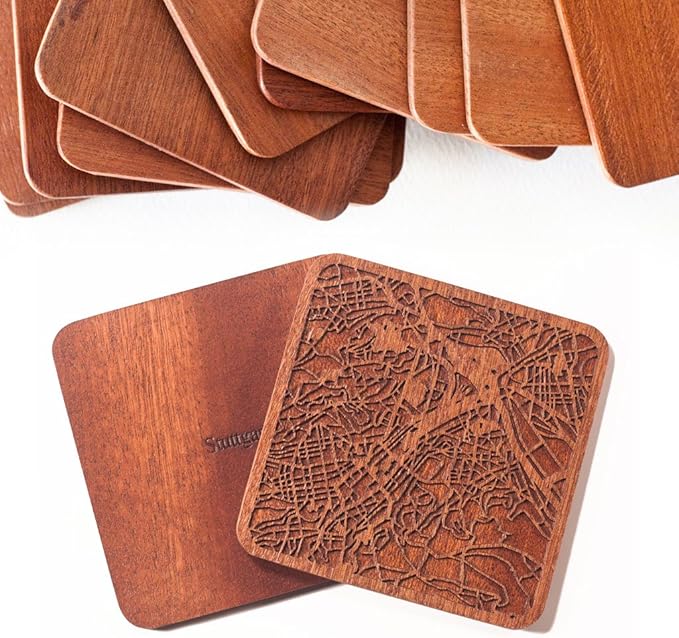 Stuttgart Map Coaster by O3 Design Studio, Set Of 4, Sapele Wooden Coaster With City Map, Handmade
