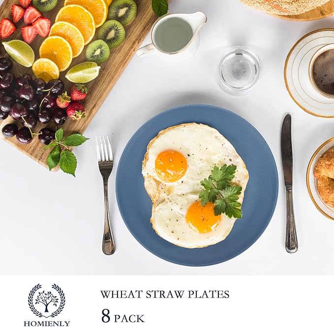 Homienly Flat Dinner Plates Set of 8 Alternative to Plastic Plates Microwave and Dishwasher Safe Wheat Straw Plates for Kitchen Unbreakable Plates for Camping, Salad(Blue, 10 inch)