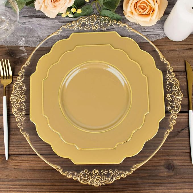 Gold Hard Plastic Dessert Plates, 50 Pack 8" Disposable Round Baroque Plates - Image 2