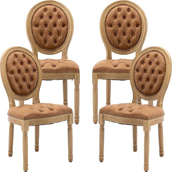 Vintage French Dining Chairs Set of 4, Round Back PU Leather Upholstered Accent Chairs with Nailhead Trim and Solid Wood Frame, Farmhouse Sillas de Comedor for Dining Room & Kitchen, Whiskey Brown