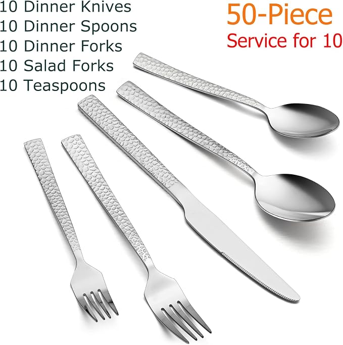 E-far 50-Piece Hammered Silverware Set, Stainless Steel Square Flatware Set - Image 2