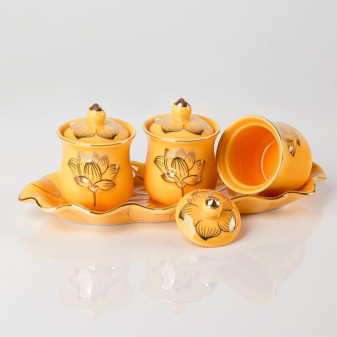QINLANG Yellow Buddhist 3 Altar Cups Set, Buddha Water Cup Set of 3, Ceramic - Image 3