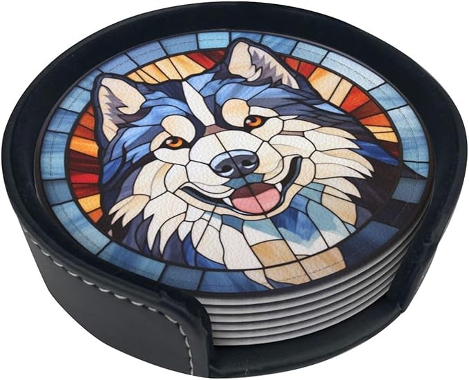Drink Coaster Set of 6, Alaskan Malamute Dog Mom Lover Gift,Leather Drink Coasters with Holder,6 Pack Cup/Bar/Drink Coasters for Table/Drinks/Coffee Protection Housewarming Gift