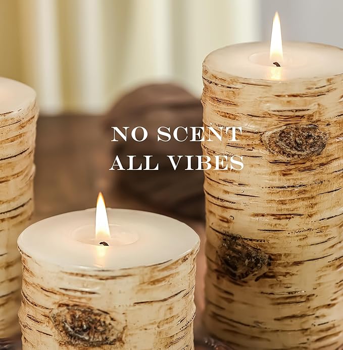 Black Birch Bark Texture Pillar Candles Set - Real Wax 3 Sizes (4", 5", 6" Tall) Rustic Decor Fireplace Candles, Unscented Woodland Style Pillar Candle for Home, Dining Table, Holiday Decor