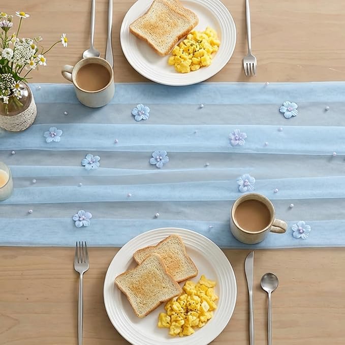 Artoid Mode Blue Flower Pearl Blue Gauze Table Runner 10FT 6PC, Seasonal Sheer - Image 4