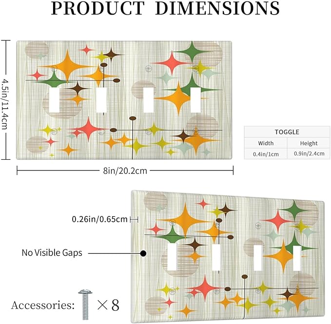 Light Switch Cover Mid Century Modern Retro Stars 4 Gang Switch Plate Quad Toggle Wall Plates Decorative Switchplate Electrical Outlet Cover for Bathroom Bedroom Decor