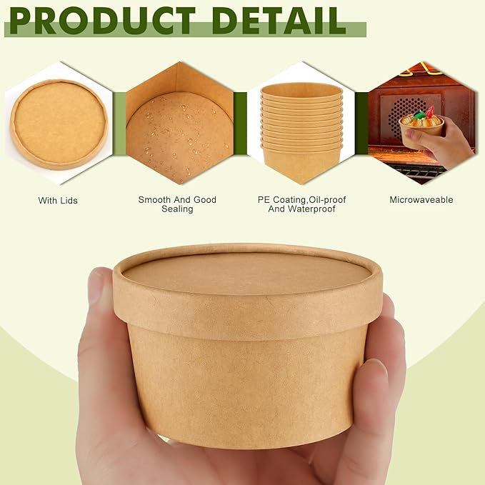 100 Pack 4oz Paper Soup Containers with Vented Lids, Disposable Food Containers Kraft Ice Cream Cups Dessert Soup Bowls, Microwavable and Freezer Safe for Hot Soup, Ice Cream (100 Pcs - Kraft, 4 oz)