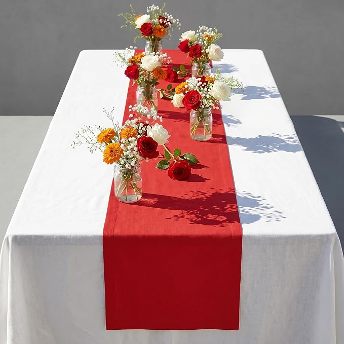 Solino Home 100% Pure Linen Table Runner Red, Fete 14 x 120 Inch Longch | Table - Image 2