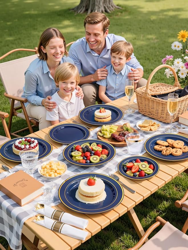 175PCS Blue and Gold Plastic Plates - Navy Blue Plates with Pre Rolled Napkins for Party - 25Guest Disposable Dinnerware Sets for Party/Birthday/Wedding