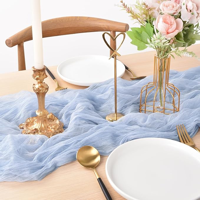 Joanlody Blue Cheesecloth Table Runner Spring Easter 10Ft Rustic Gauze Boho Cheese Cloth Table Runner for Wedding Bridal Baby Shower Decoration 10 Pack