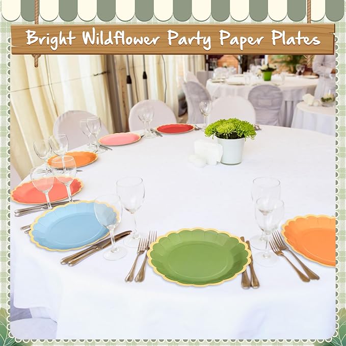 96 Pcs Fall Wildflower Color Paper Plates 9 Inch Colorful Boho Scalloped Paper Disposable Dinner Dessert Plates for Autumn Thanksgiving Birthday Wedding Bridal Party Supplies, 6 Colors