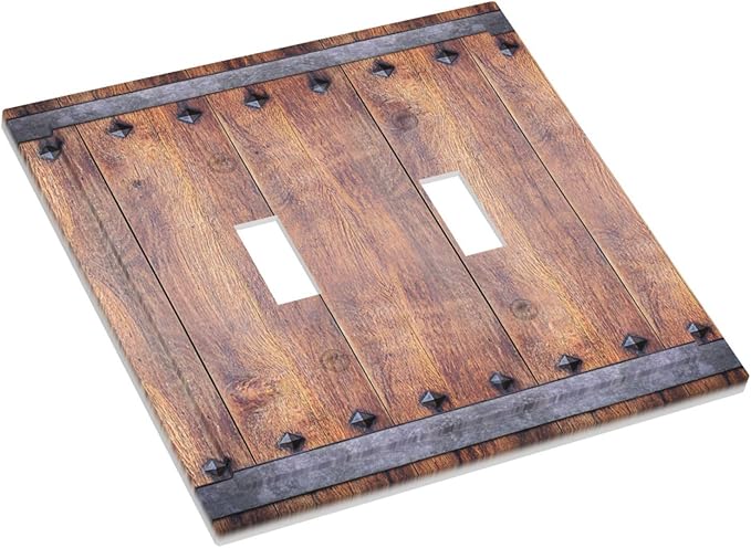 Decorative Light Switch Cover Rustic Farmhouse Barn Door Vintage Wood 2 Gang Wall Plate Double Toggle Switch Plate Receptacle Electrical Outlet Cover Switchplate for Bathroom Cabin（2 Pack）