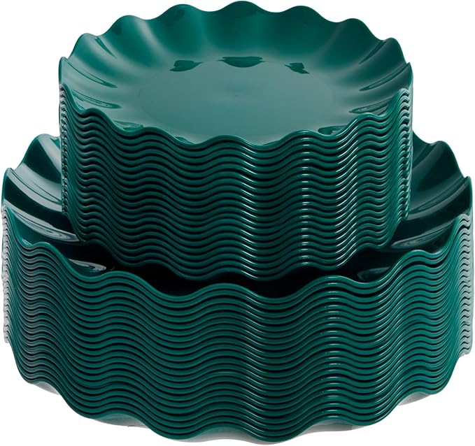 LIYH 50 Pcs Green Plastic Christmas Plates Reusable - Christmas Plastic Plates Unbreakable Holiday Dinnerware Dishes Fancy Scalloped Plate Dishwasher Safe BPA Free for Xmas Day (25Guests)